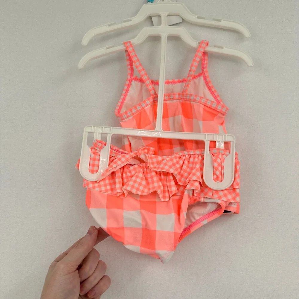 Carter's 2 Piece‎ Swimsuit Set Girls 6M Neon Pink White Gingham Ruffle Beach NWT